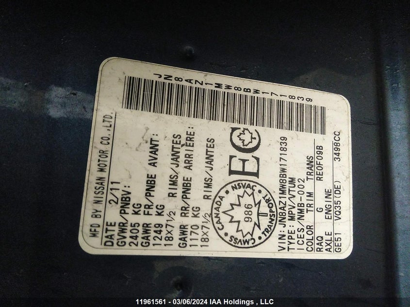 2011 Nissan Murano S/Sl/Le VIN: JN8AZ1MW8BW171839 Lot: 11961561