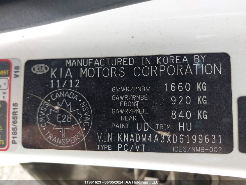 2013 Kia Rio Lx VIN: KNADM4A3XD6199631 Lot: 11961629