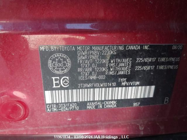 2020 Toyota Rav4 Xle Hybrid VIN: 2T3RWRFV0LW101410 Lot: 11961834