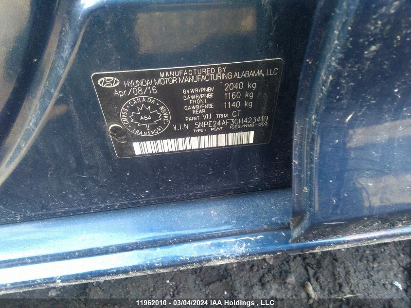 2016 Hyundai Sonata Se VIN: 5NPE24AF3GH423419 Lot: 11962010