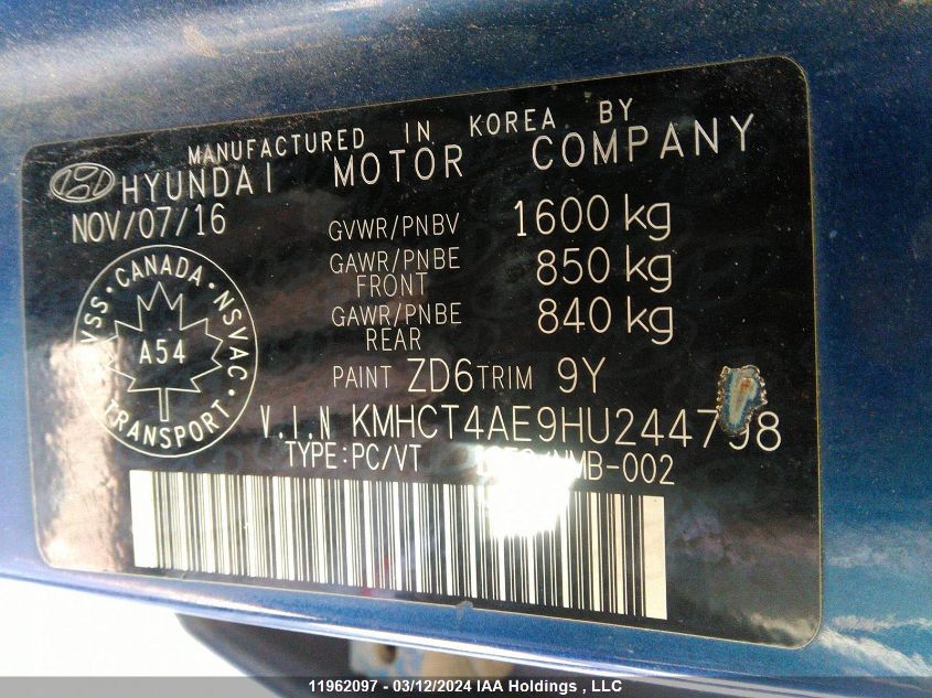 2017 Hyundai Accent Se VIN: KMHCT4AE9HU244798 Lot: 11962097