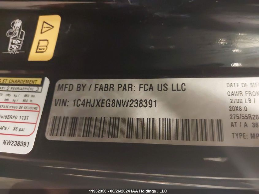 2022 Jeep Wrangler Unlimited Altitude VIN: 1C4HJXEG8NW238391 Lot: 11962358