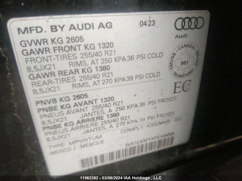 2023 Audi Sq5 VIN: WA1C4AFYXP2145088 Lot: 11962382