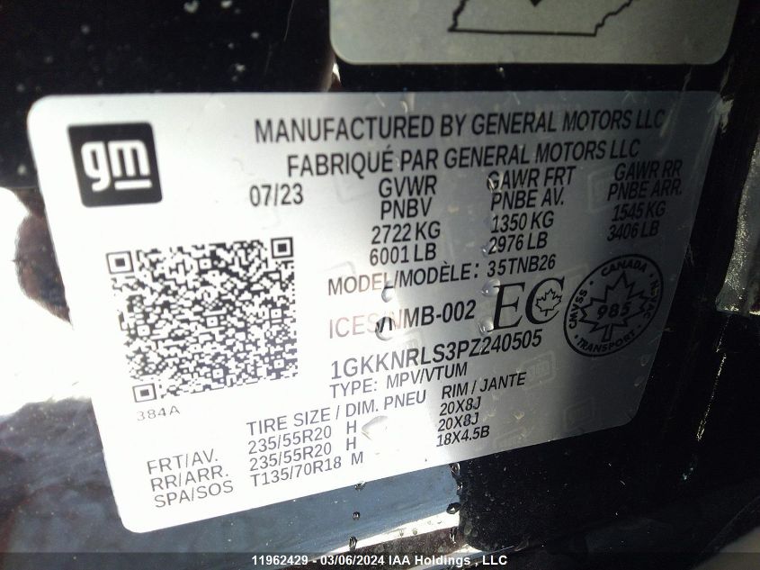 2023 GMC Acadia VIN: 1GKKNRLS3PZ240505 Lot: 11962429