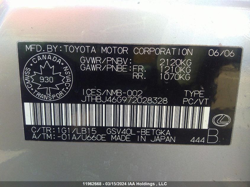 2007 Lexus Es 350 350 VIN: JTHBJ46G972028328 Lot: 11962668