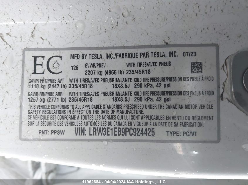 2023 Tesla Model 3 VIN: LRW3E1EB9PC924425 Lot: 11962684