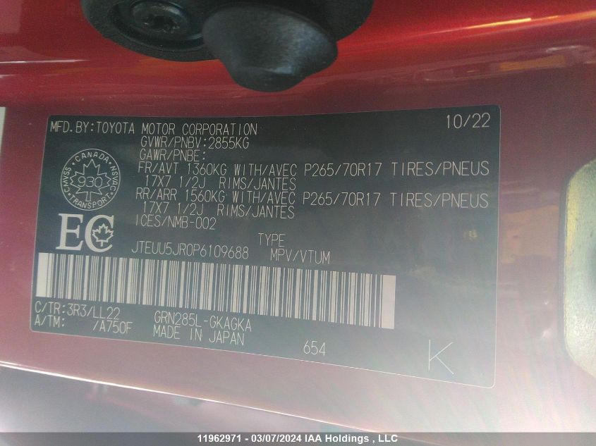 2023 Toyota 4Runner VIN: JTEUU5JR0P6109688 Lot: 11962971