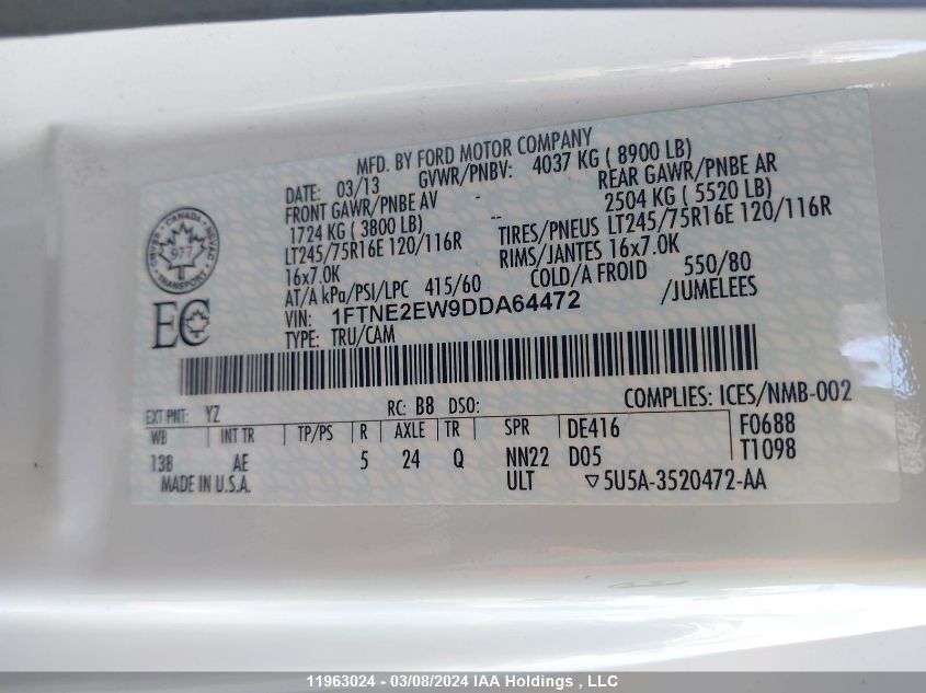 2013 Ford E-250 Commercial VIN: 1FTNE2EW9DDA64472 Lot: 11963024