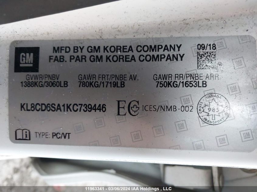 2019 Chevrolet Spark VIN: KL8CD6SA1KC739446 Lot: 11963341