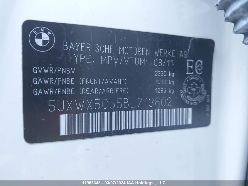2011 BMW X3 VIN: 5UXWX5C55BL713602 Lot: 11963343