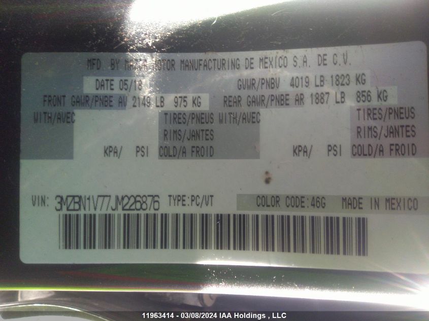 2018 Mazda 3 Touring VIN: 3MZBN1V77JM226876 Lot: 39240488