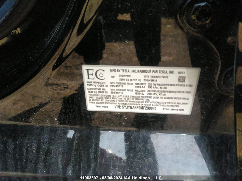 2021 Tesla Model Y VIN: 5YJYGAEE9MF298841 Lot: 11963507