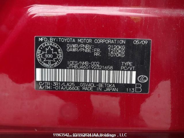 2009 Lexus Es 350 VIN: JTHBJ46G192321658 Lot: 11963547