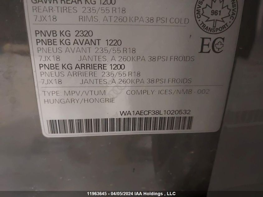 2020 Audi Q3 VIN: WA1AECF38L1020532 Lot: 11963645