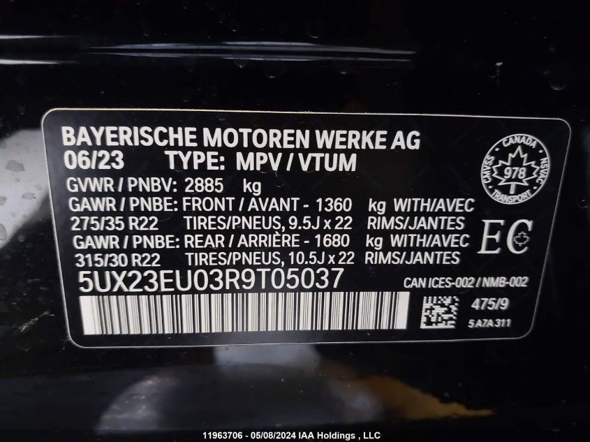 2024 BMW X5 VIN: 5UX23EU03R9T05037 Lot: 11963706