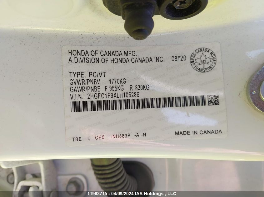 2020 Honda Civic VIN: 2HGFC1F9XLH105286 Lot: 11963715