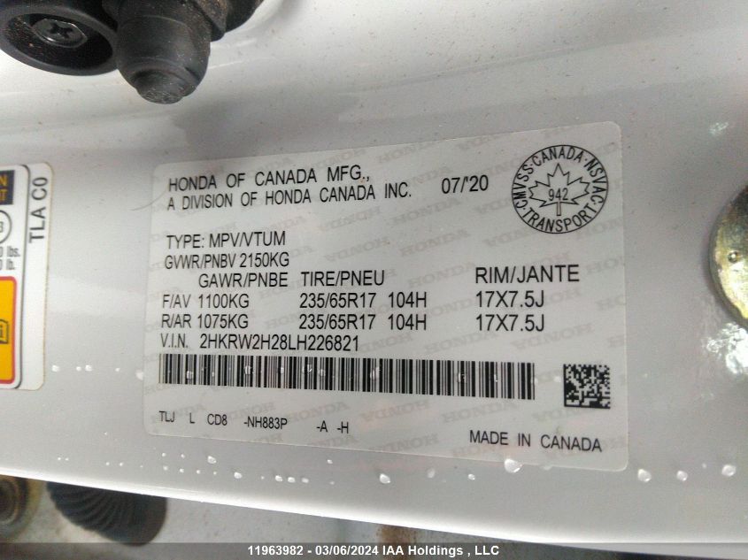 2020 Honda Cr-V Lx VIN: 2HKRW2H28LH226821 Lot: 11963982