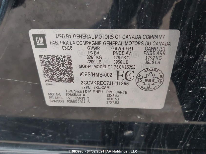 2018 Chevrolet Silverado 1500 VIN: 2GCVKREC7J1111366 Lot: 39240998