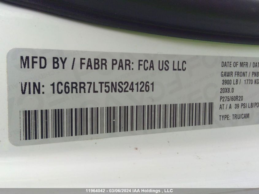 2022 Ram 1500 Classic Slt VIN: 1C6RR7LT5NS241261 Lot: 11964042