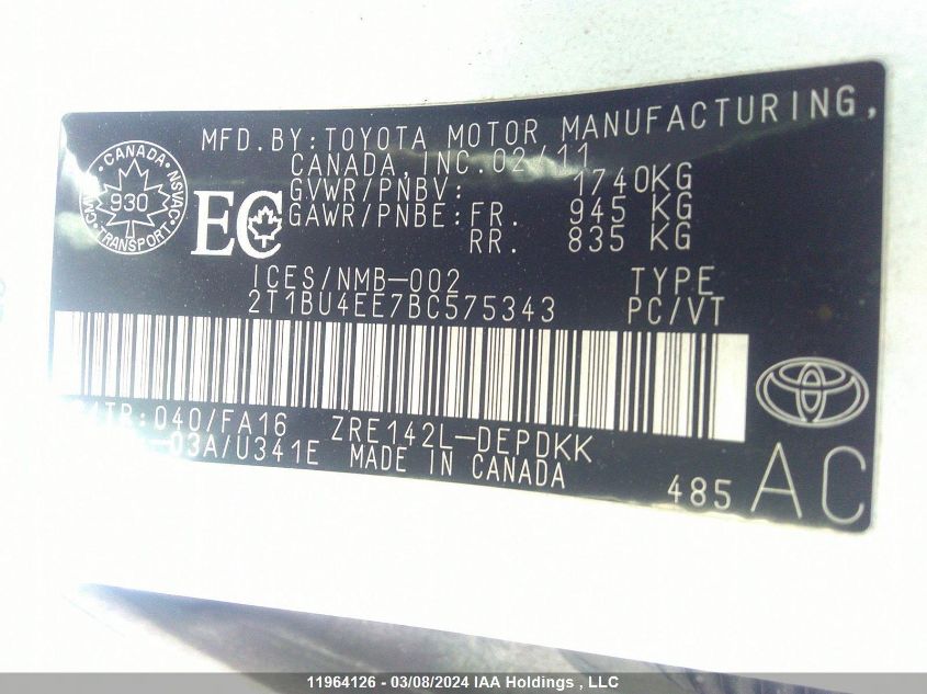 2011 Toyota Corolla VIN: 2T1BU4EE7BC575343 Lot: 11964126