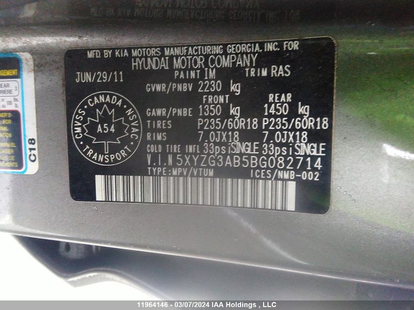 2011 Hyundai Santa Fe Gl 2.4 Premium VIN: 5XYZG3AB5BG082714 Lot: 11964146