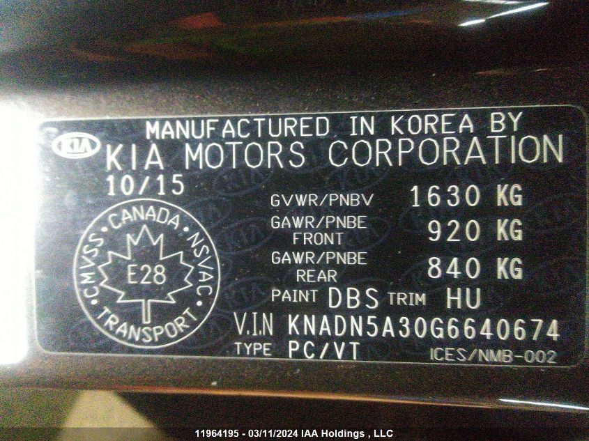 KNADN5A30G6640674 2016 Kia Rio Ex/Sx