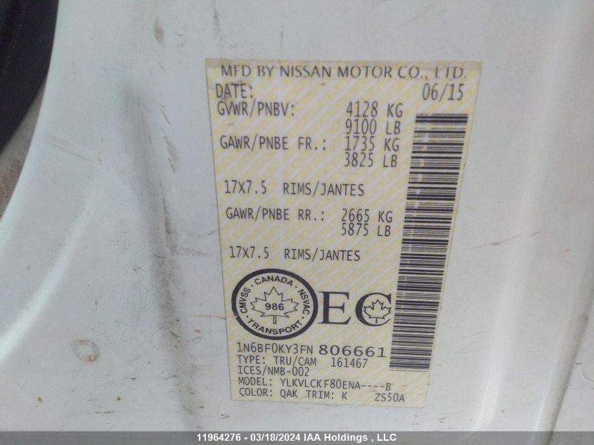 2015 Nissan Nv VIN: 1N6BF0KY3FN806661 Lot: 11964276