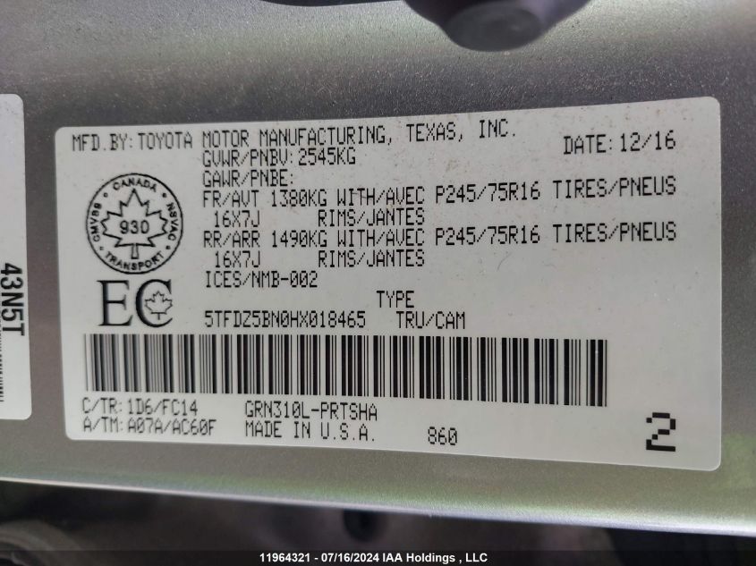 2017 Toyota Tacoma Dbl Cab/Sr5/Trd Sport/Or VIN: 5TFDZ5BN0HX018465 Lot: 11964321