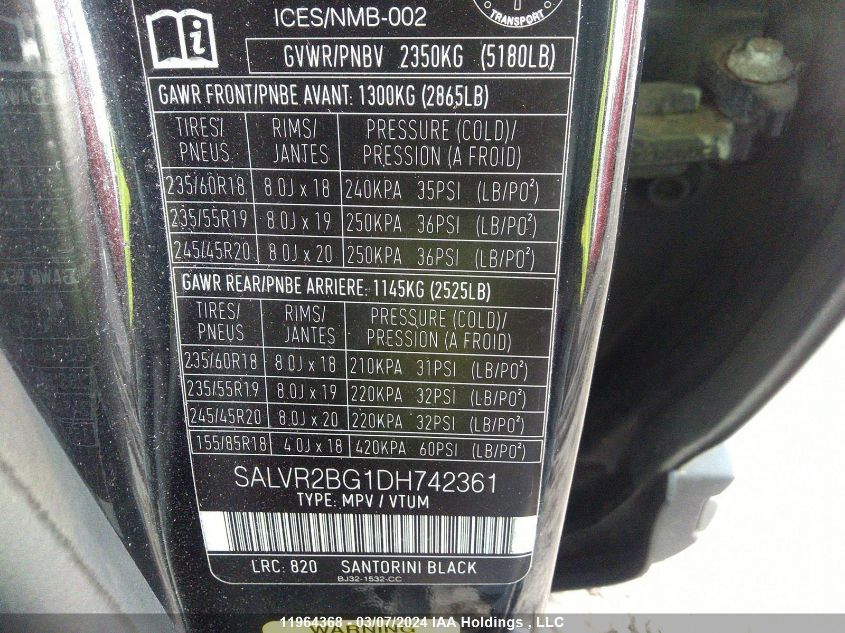 2013 Land Rover Range Rover Evoque Pure Premium VIN: SALVR2BG1DH742361 Lot: 11964368