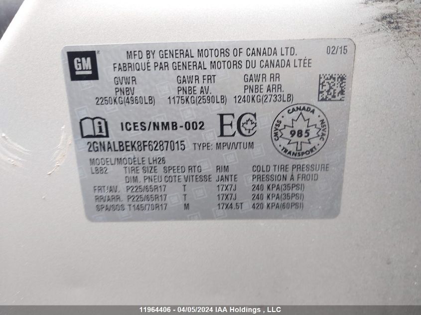 2015 Chevrolet Equinox VIN: 2GNALBEK8F6287015 Lot: 11964406