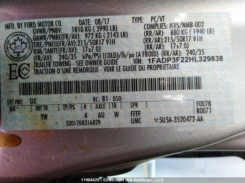 2017 Ford Focus Se VIN: 1FADP3F22HL329838 Lot: 39236690