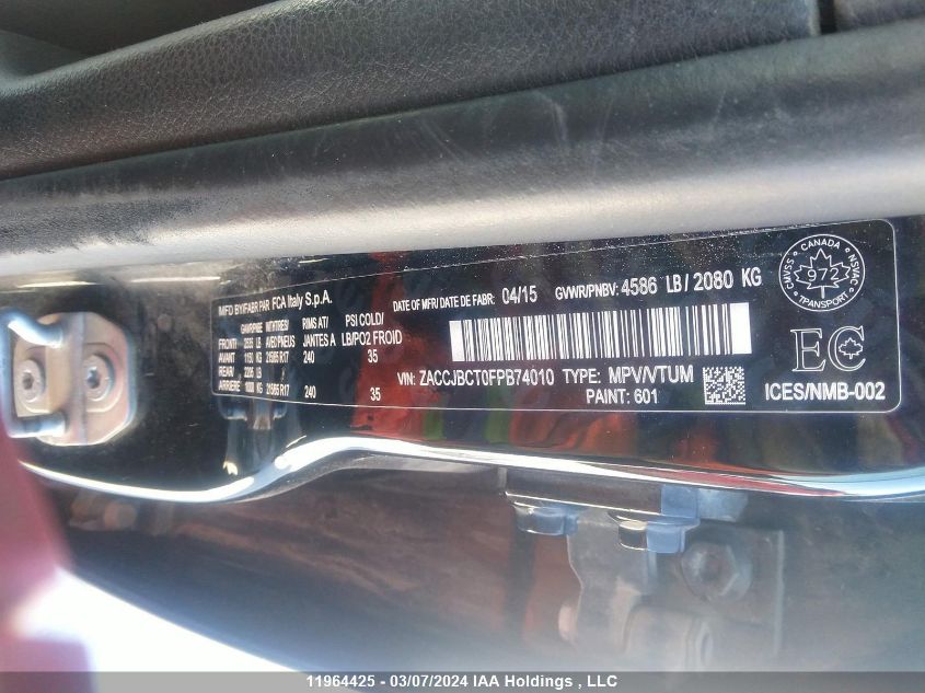 2015 Jeep Renegade Trailhawk VIN: ZACCJBCT0FPB74010 Lot: 11964425