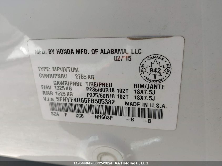 2015 Honda Pilot VIN: 5FNYF4H65FB505382 Lot: 11964484