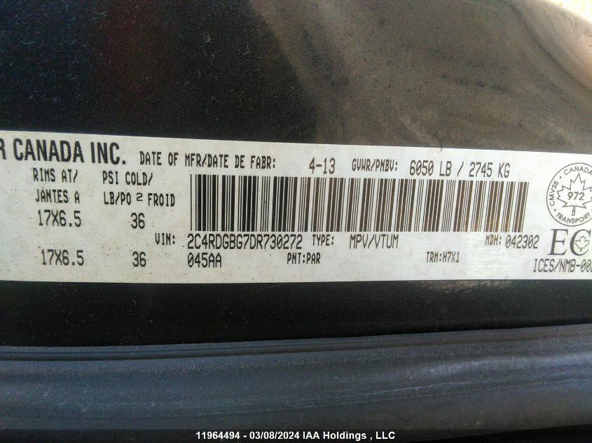 2013 Dodge Grand Caravan Se VIN: 2C4RDGBG7DR730272 Lot: 11964494