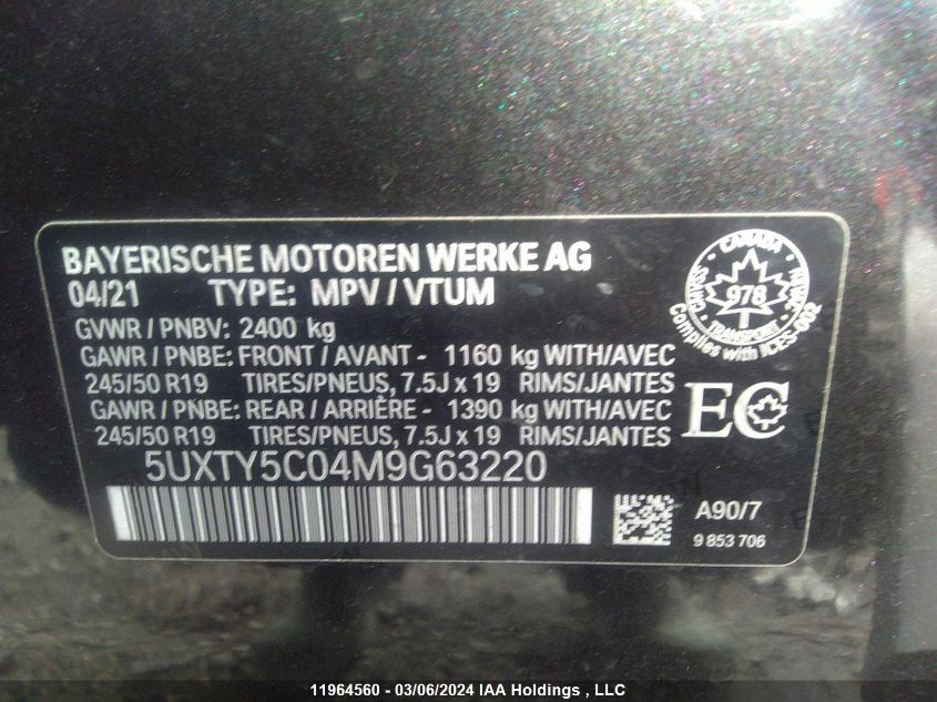 2021 BMW X3 xDrive30I VIN: 5UXTY5C04M9G63220 Lot: 11964560