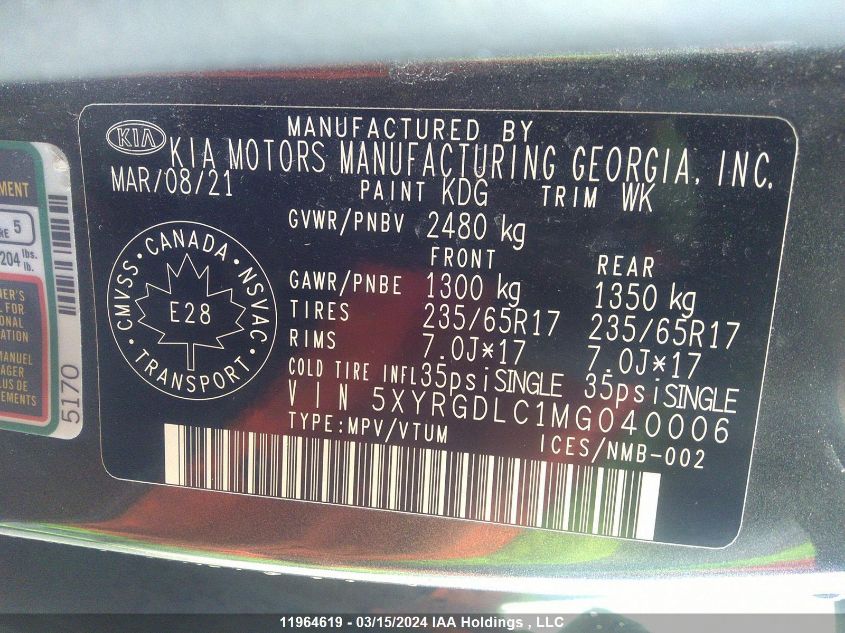 2021 Kia Sorento VIN: 5XYRGDLC1MG040006 Lot: 11964619