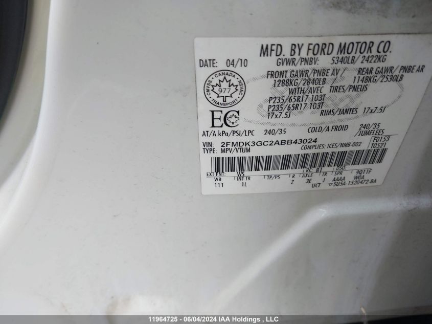 2010 Ford Edge VIN: 2FMDK3GC2ABB43024 Lot: 11964725