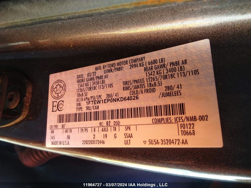 2022 Ford F-150 VIN: 1FTEW1EP0NKD64026 Lot: 11964727