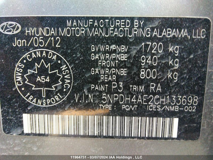 2012 Hyundai Elantra Gls VIN: 5NPDH4AE2CH133698 Lot: 39236399