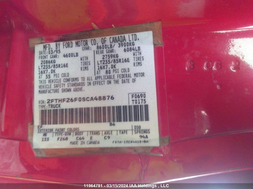 1995 Ford F250 VIN: 2FTHF26F0SCA48876 Lot: 11964791