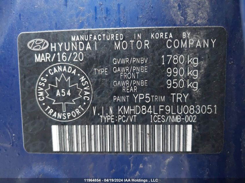 2020 Hyundai Elantra VIN: KMHD84LF9LU083051 Lot: 11964854