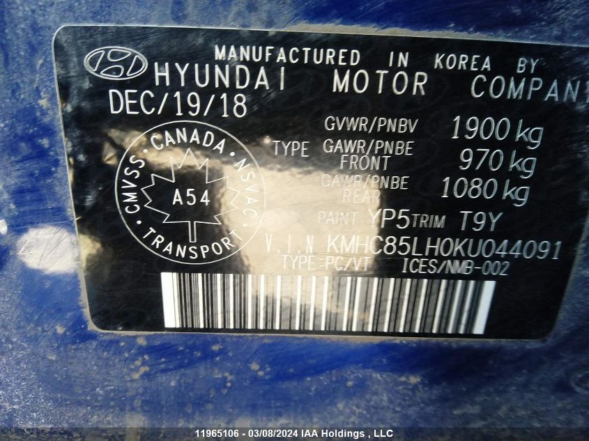 KMHC85LH0KU044091 2019 Hyundai Ioniq