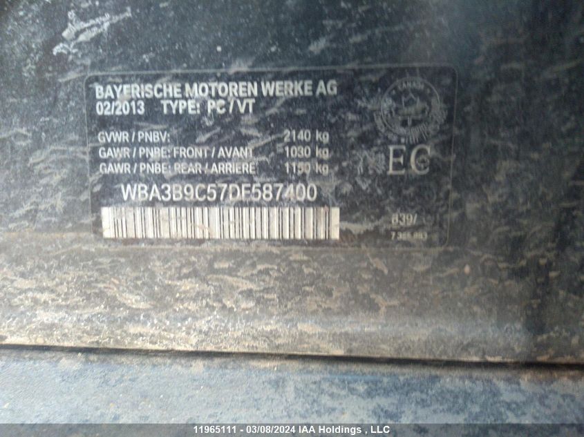 2013 BMW 3 Series VIN: WBA3B9C57DF587400 Lot: 11965111