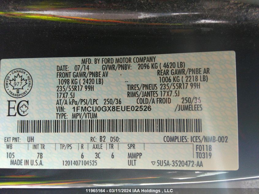 2014 Ford Escape VIN: 1FMCU0GX8EUE02526 Lot: 11965164