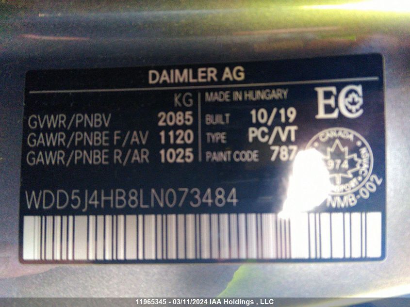 2020 Mercedes-Benz Cla VIN: WDD5J4HB8LN073484 Lot: 11965345