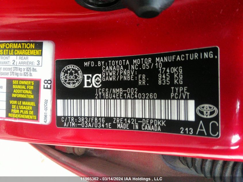 2010 Toyota Corolla S/Le/Xle VIN: 2T1BU4EE1AC403260 Lot: 11965362