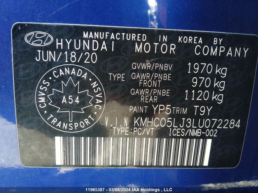 2020 Hyundai Ioniq Electric Ultimate VIN: KMHC05LJ3LU072284 Lot: 11965387