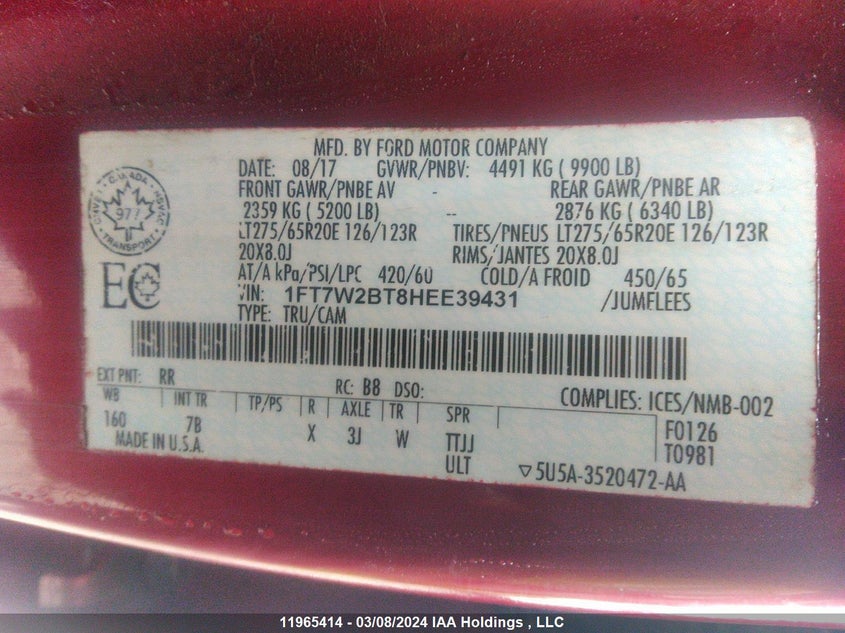 2017 Ford F-250 Platinum VIN: 1FT7W2BT8HEE39431 Lot: 11965414