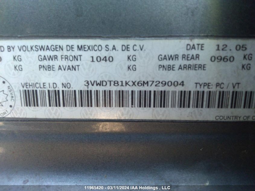2006 Volkswagen Jetta Sedan VIN: 3VWDT81KX6M729004 Lot: 11965420