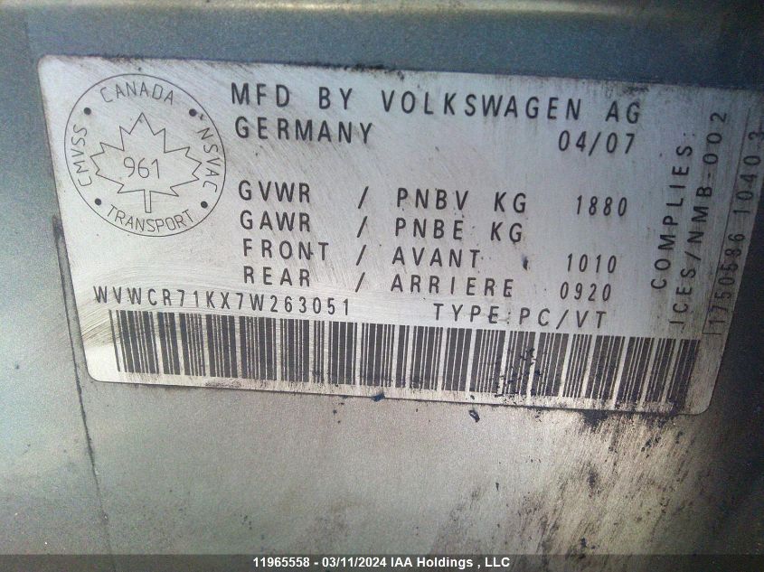 2007 Volkswagen Rabbit VIN: WVWCR71KX7W263051 Lot: 11965558